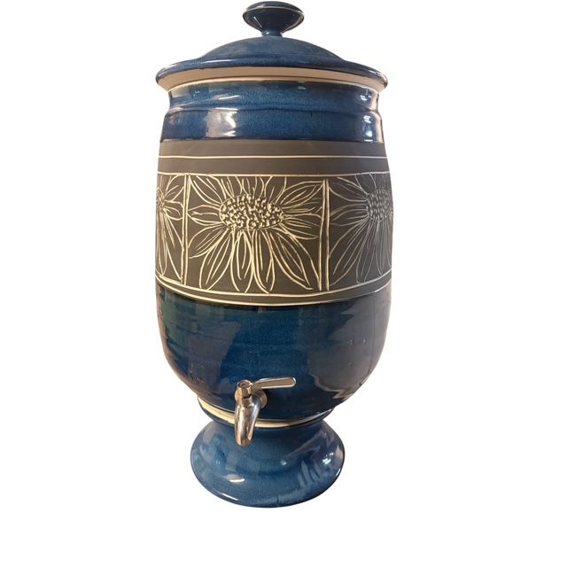 12 Litre Water Filter System - etched Flowers on blue glaze  w/ Ultra Fluoride Filter